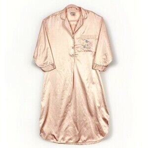 VTG Miss Elaine Lt Pink Nightgown Lingerie Embroidered Floral Pocket Womens SZ M